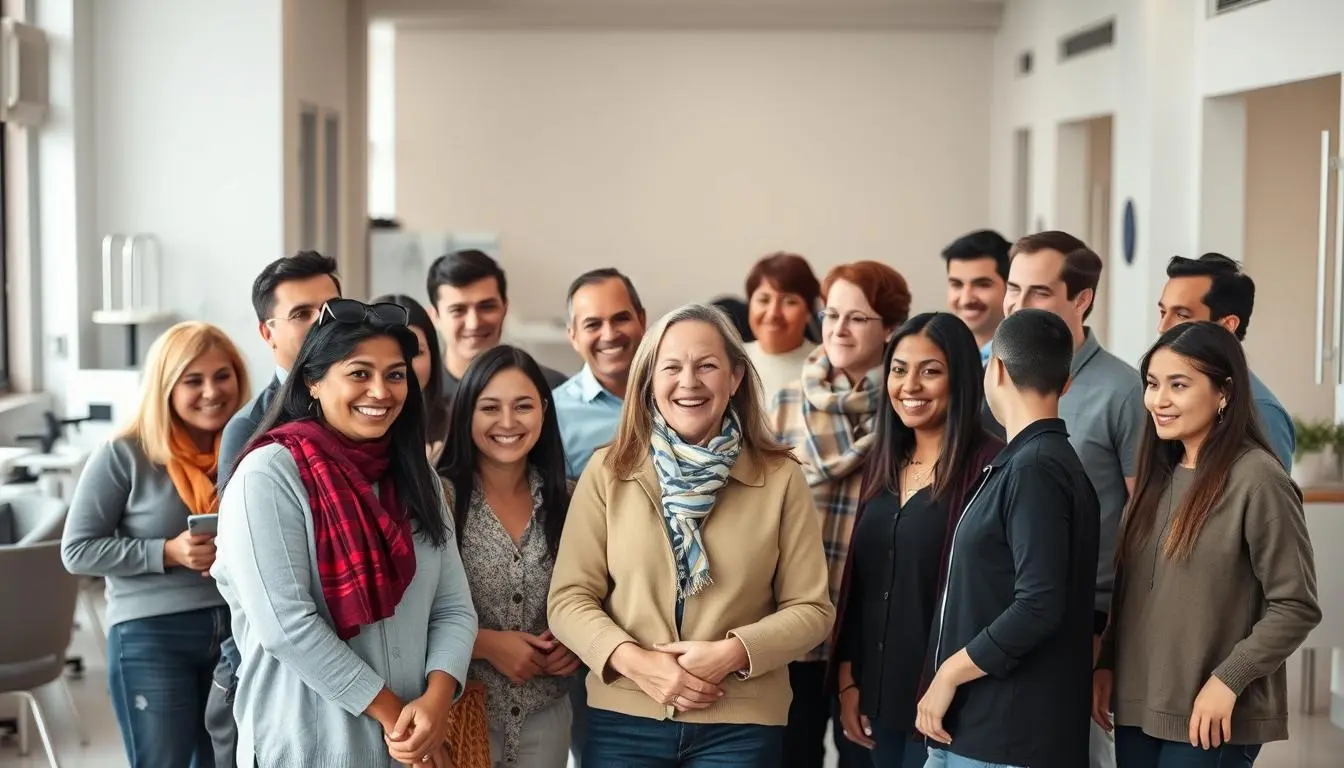 Grupo de personas afiliadas a una obra social en Argentina, sonriendo y recibiendo beneficios de salud.