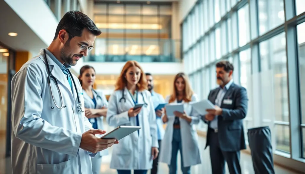 Grupo de médicos y administrativos revisando informes para las instituciones de salud.