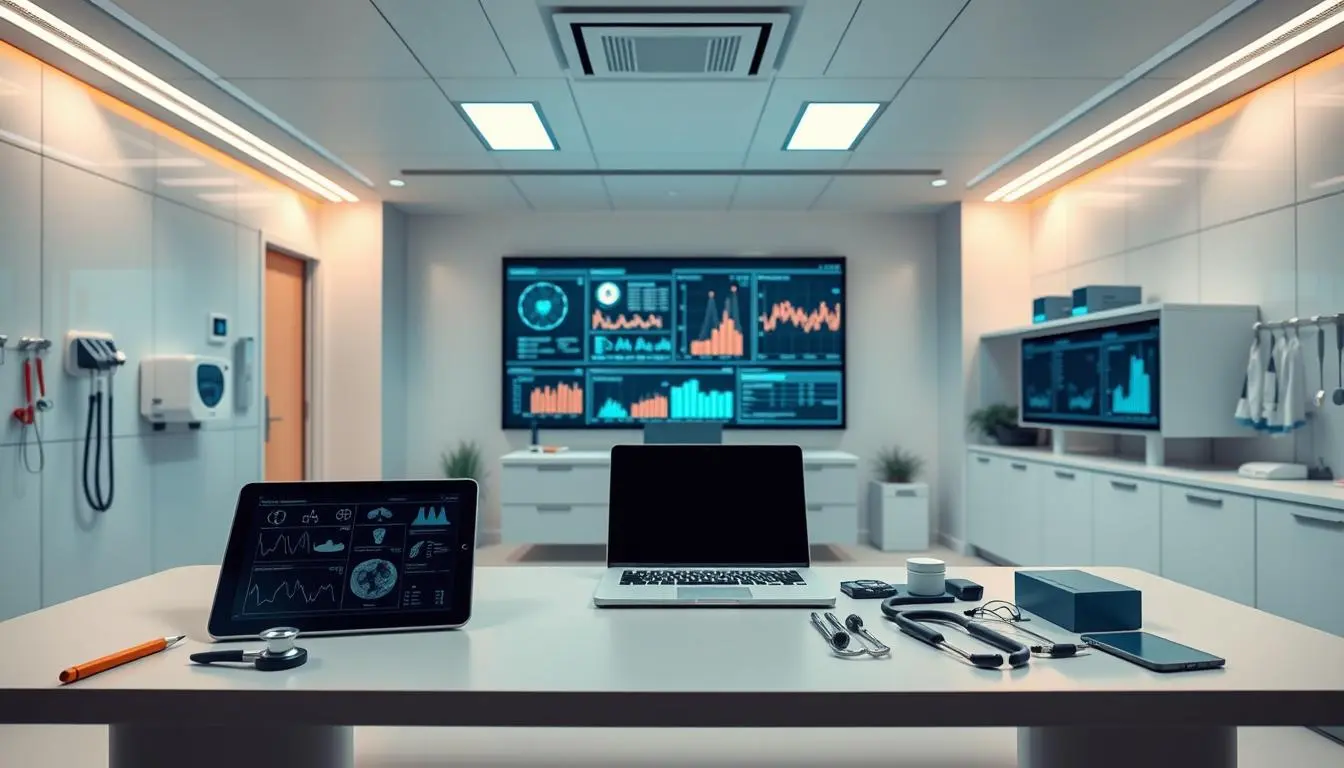 Una oficina médica moderna con un enfoque en herramientas y tecnologías digitales, reflejando la evolución de la salud en Argentina. En primer plano, el escritorio de un médico exhibe una tableta, una laptop y diversos instrumentos médicos. En el centro, una gran pantalla muestra visualizaciones de datos médicos. La imagen transmite el impacto de las herramientas digitales en la transformación del trabajo de los profesionales de la salud.