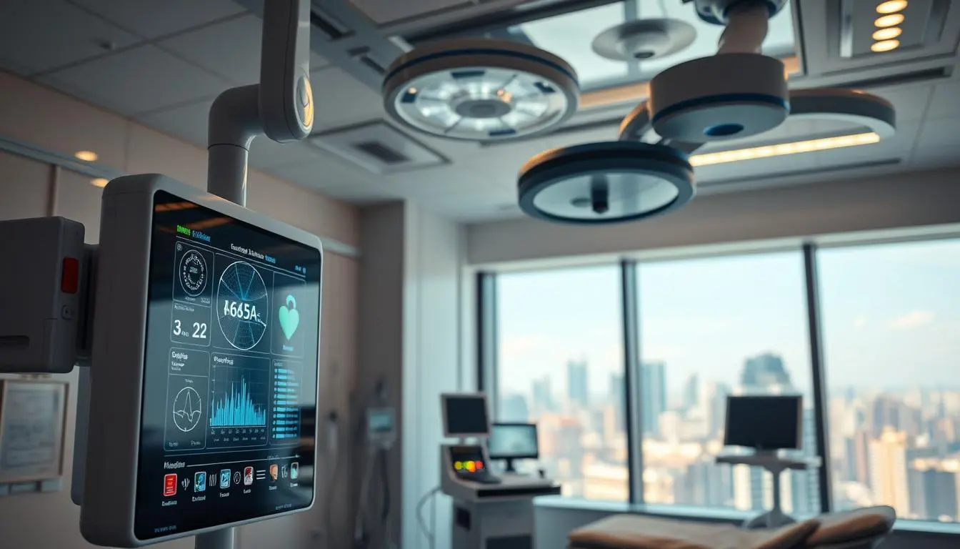 Una habitación de hospital moderna y bien equipada refleja los avances en salud en Argentina, con tecnología médica de última generación. En primer plano, un elegante panel de pantalla táctil muestra datos en tiempo real del paciente y herramientas de monitoreo. En el centro, un brazo robótico se extiende desde el techo, realizando con precisión un procedimiento médico delicado.