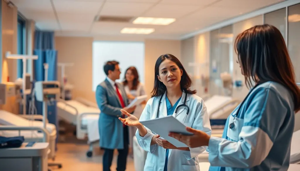 Médicos y administradores en una reunión en un hospital.