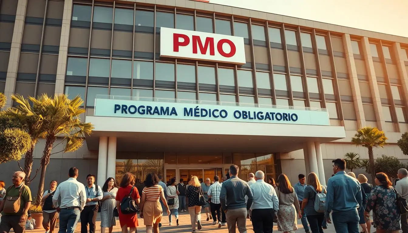 Fachada del edificio del Programa Médico Obligatorio en Argentina con personas ingresando.