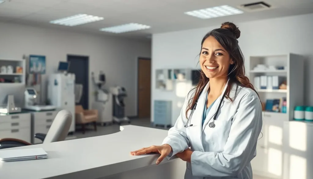 Secretariado médico en recepción de clínica, asistiendo a pacientes con profesionalismo y empatía.